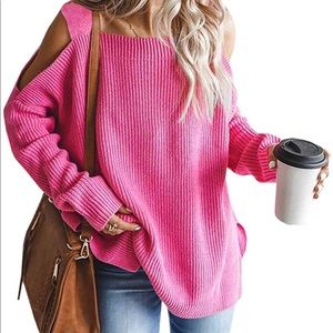 Shoulder Cut-out Sweater, Brand: MaQiYa, Color: Hot Pink, Size: Large
